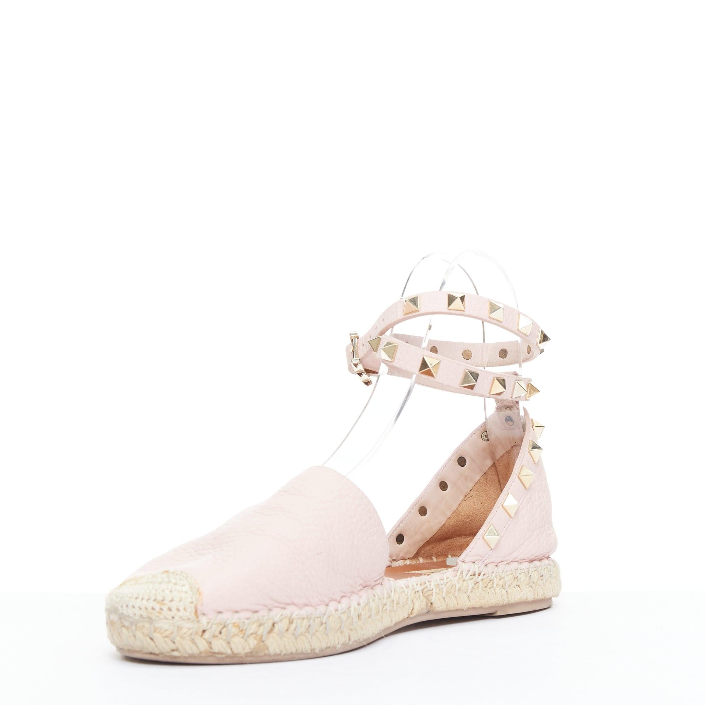 Women's VALENTINO Rockstud pink leather gold studs espadrille sandals EU37 For Sale