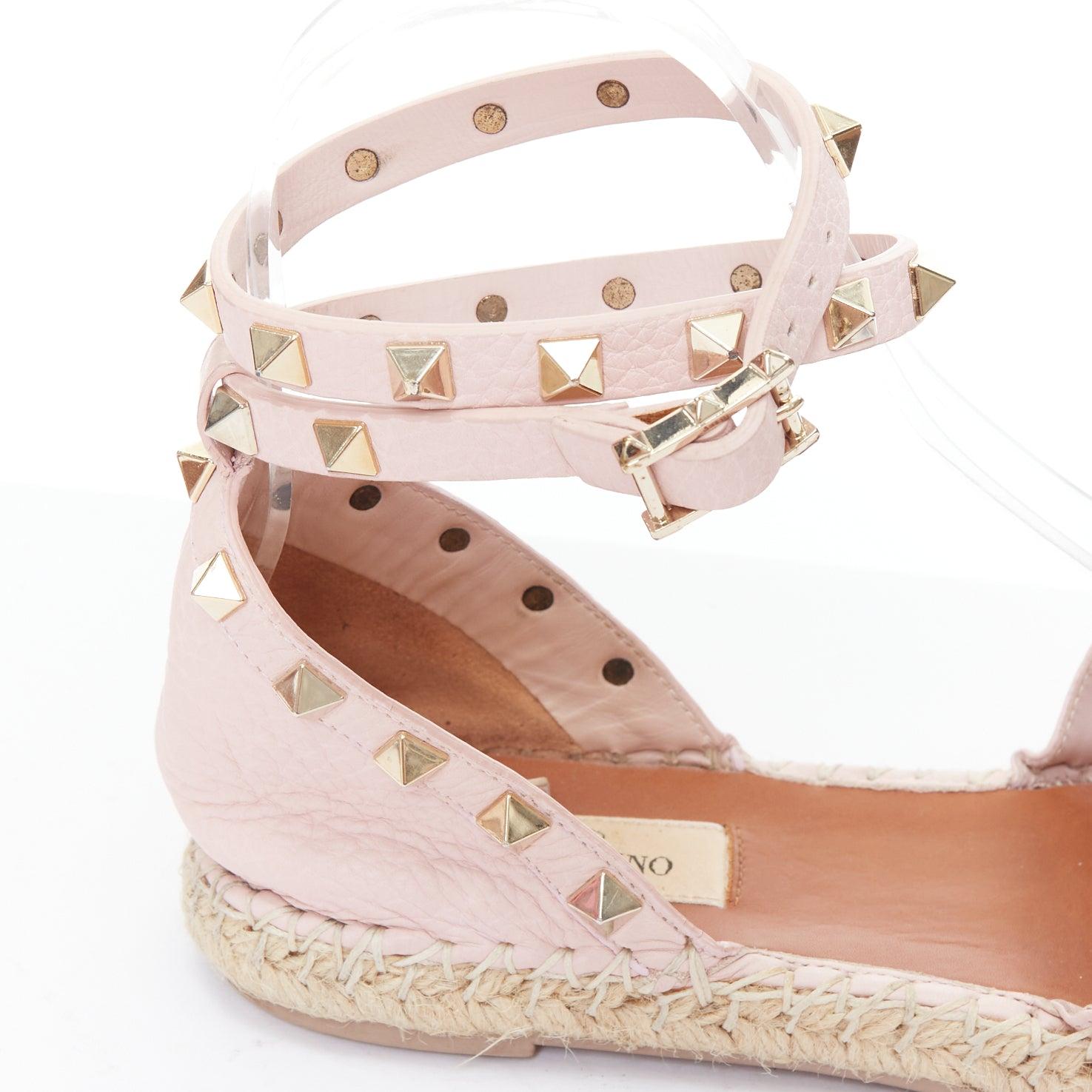 VALENTINO Rockstud pink leather gold studs espadrille sandals EU37 For Sale 4
