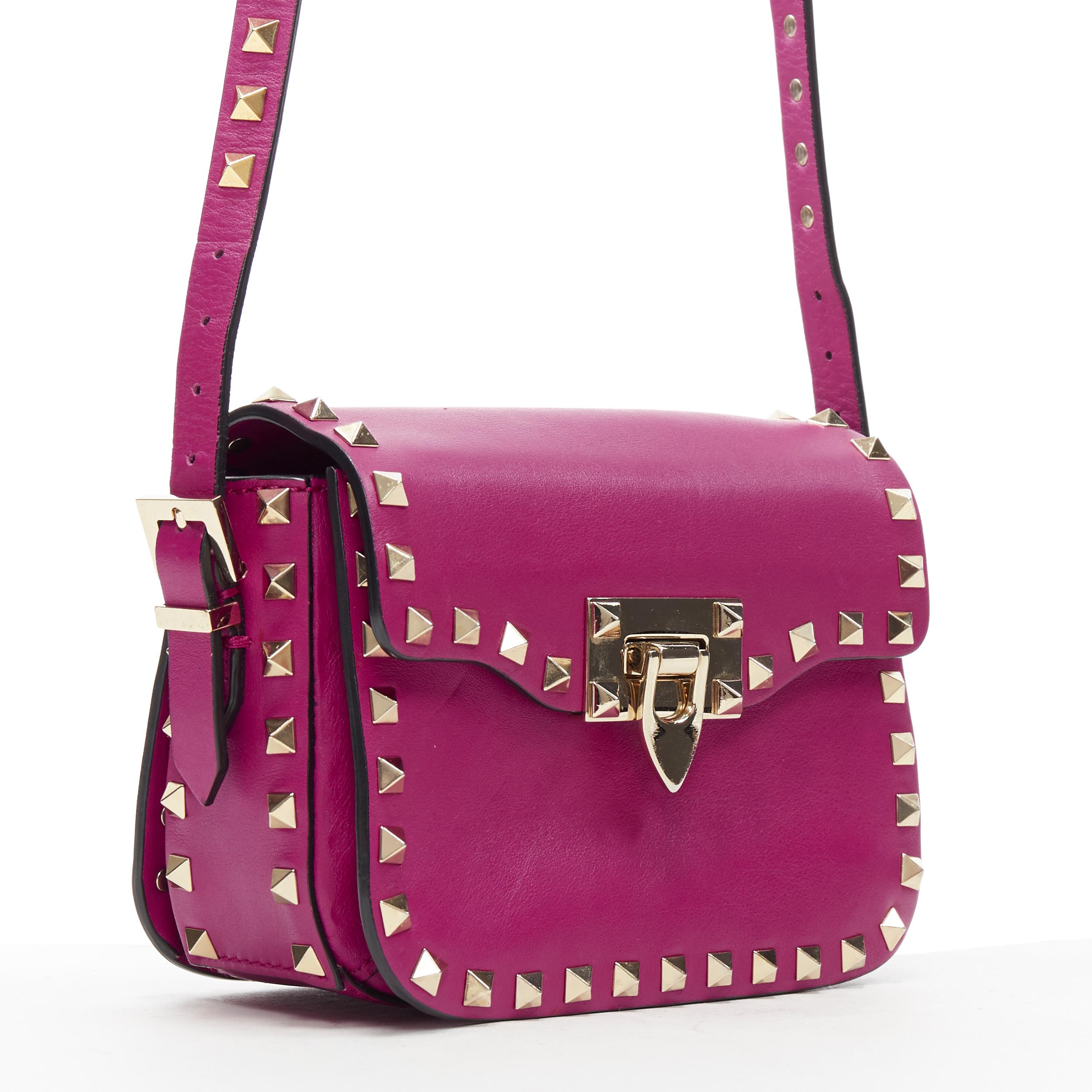 VALENTINO Rockstud purple gold stud leather flap clash small shoulder bag
Brand: Valentino
Model Name / Style: Rockstud bag
Material: Leather
Color: Purple
Pattern: Solid
Closure: Clasp
Extra Detail:
Made in: Italy

CONDITION: 
Condition: Good, this