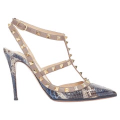 VALENTINO Rockstud Pumps aus Pythonleder in Beige mit Gitter-Design und Fesselriemen, Stiletto-Absatz, EU 37