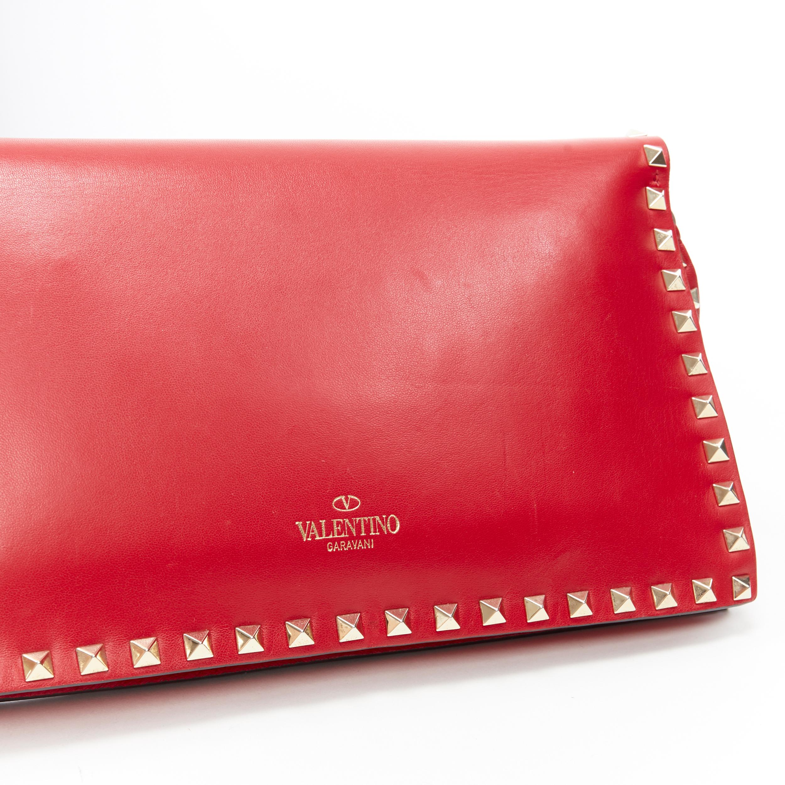 VALENTINO Rockstud red leather gold studded bordered wristlet flap clutch bag 4