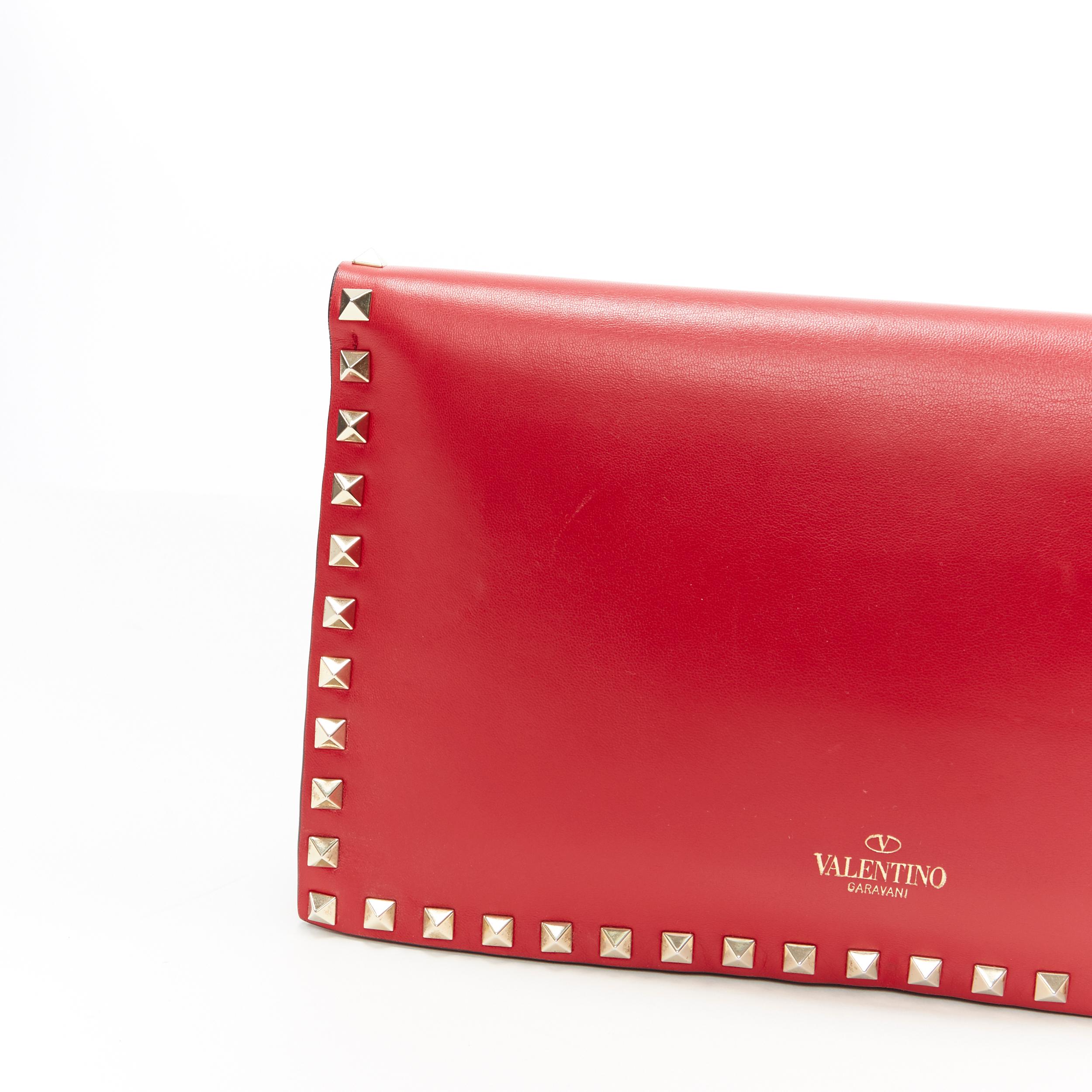 VALENTINO Rockstud red leather gold studded bordered wristlet flap clutch bag 1