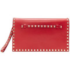 VALENTINO Rockstud red leather gold studded bordered wristlet flap clutch bag