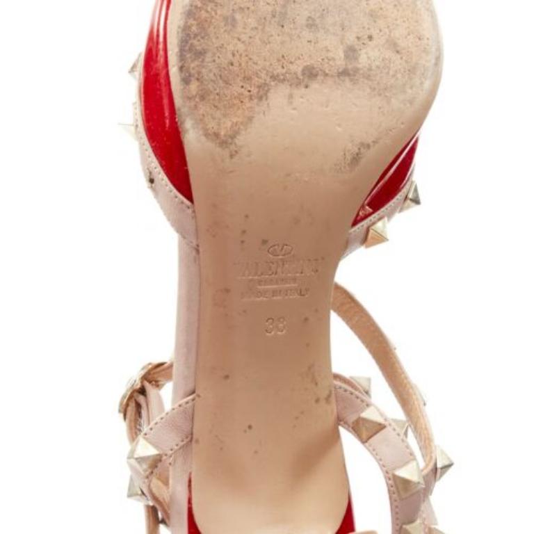 VALENTINO Rockstud red patent leather gold stud caged pump EU38 For Sale 6