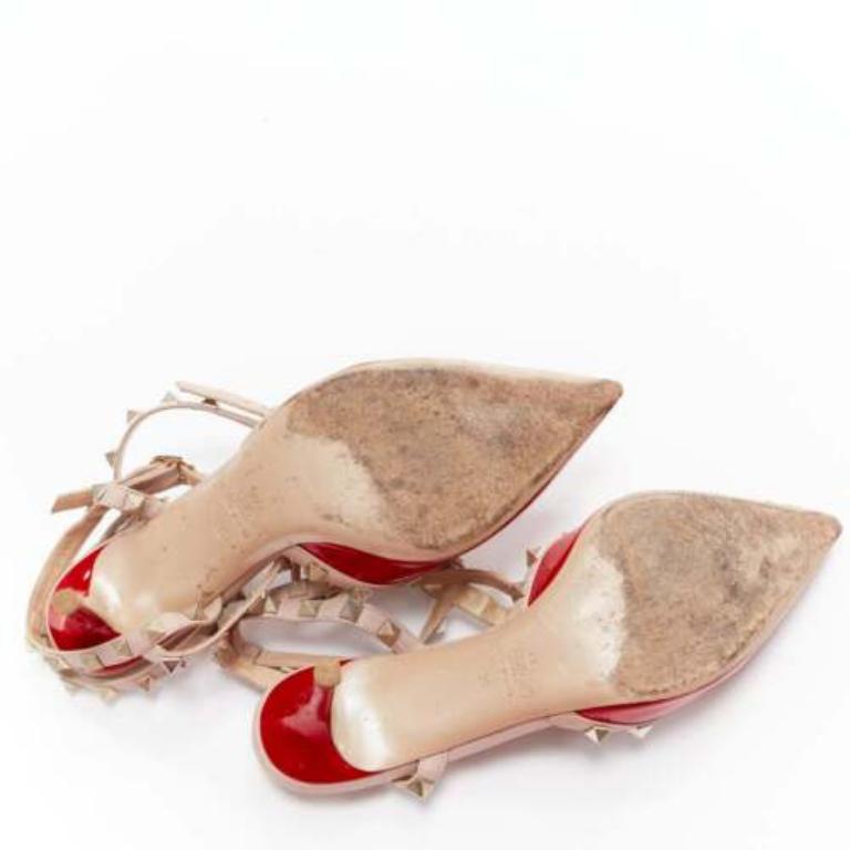 VALENTINO Rockstud red patent leather gold stud caged pump EU38 For Sale 7