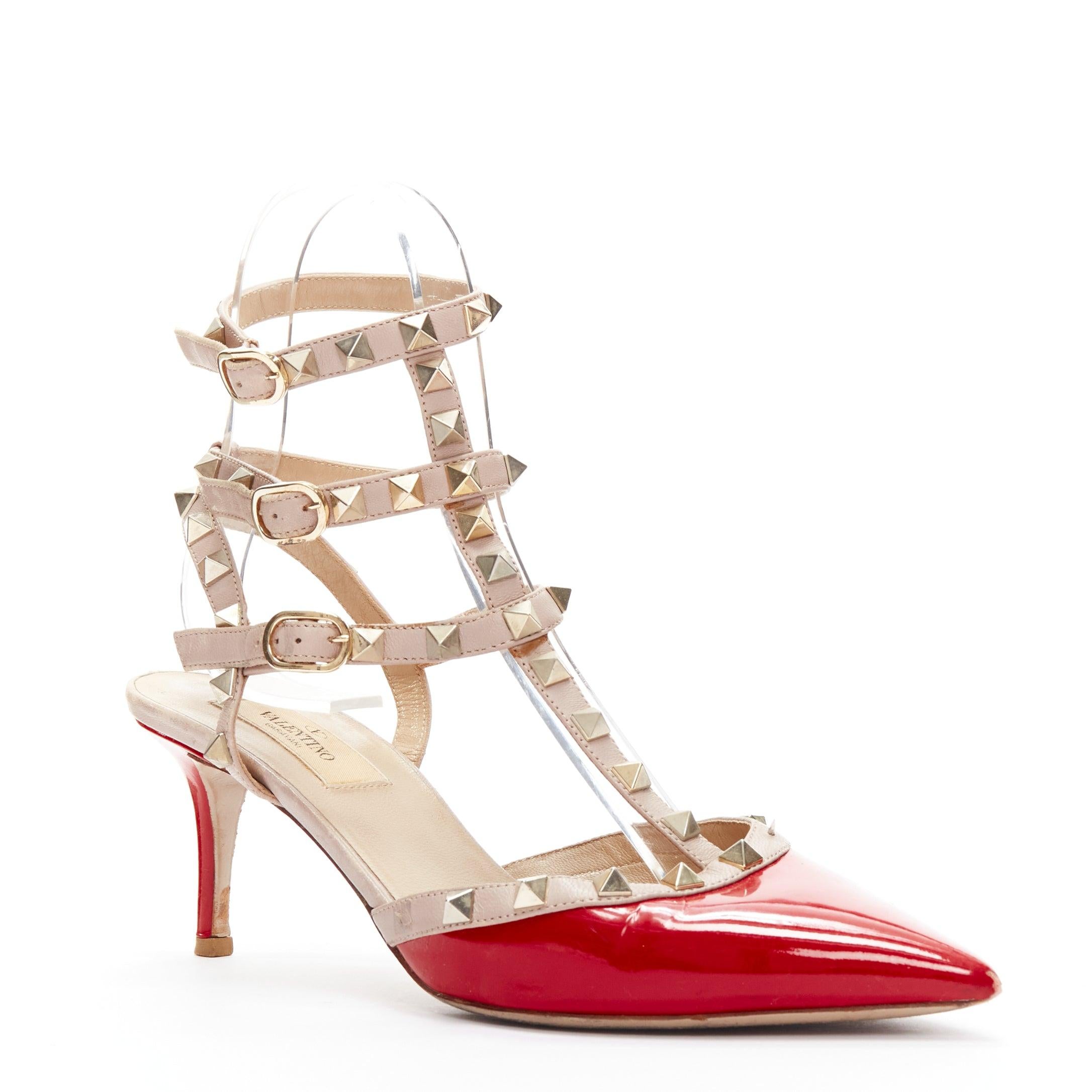 VALENTINO Rockstud red patent leather gold stud caged pump EU38
Reference: CNPG/A00042
Brand: Valentino
Model: Rockstud
Material: Leather
Color: Red, Nude
Pattern: Solid
Closure: Ankle Strap
Lining: Nude Leather
Made in: Italy

CONDITION:
Condition: