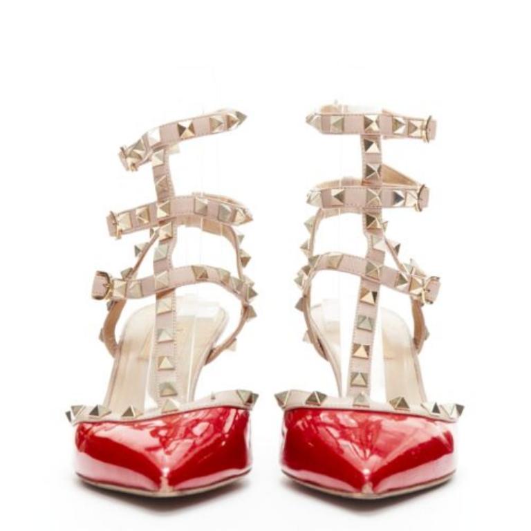 Beige VALENTINO Rockstud red patent leather gold stud caged pump EU38 For Sale