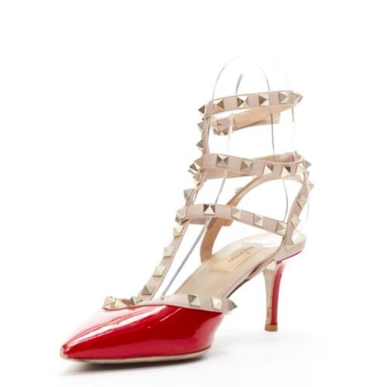 Women's VALENTINO Rockstud red patent leather gold stud caged pump EU38 For Sale