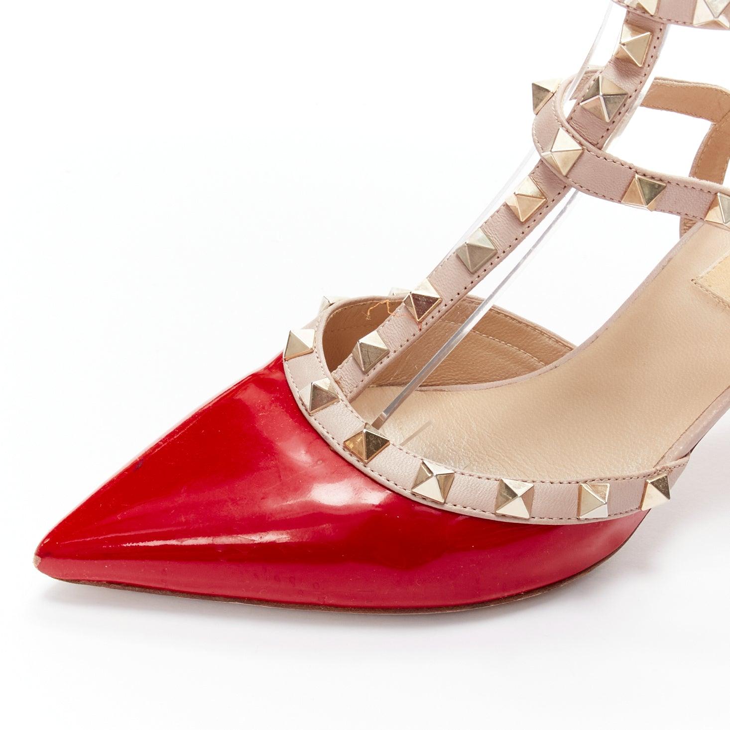 VALENTINO Rockstud red patent leather gold stud caged pump EU38 For Sale 3