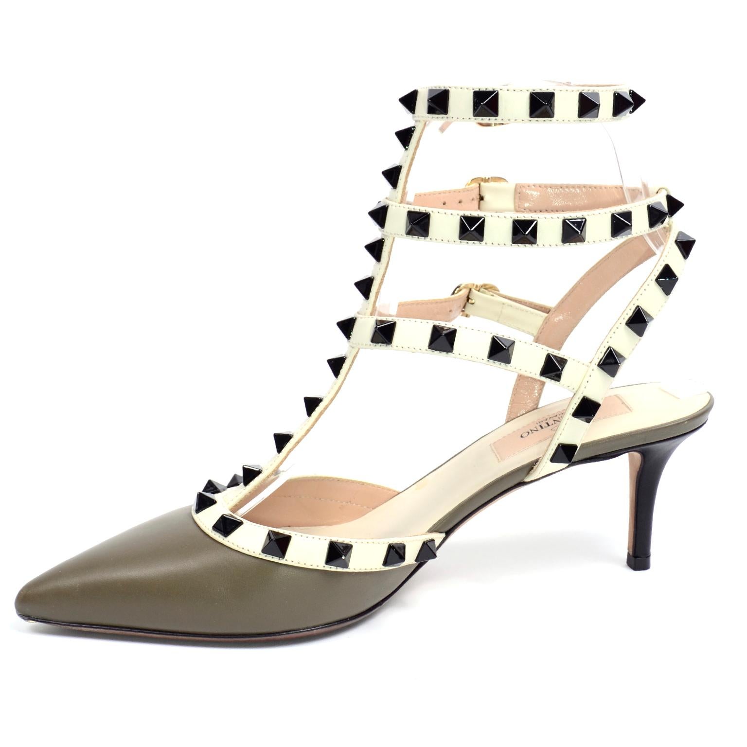 Beige Valentino Rockstud Shoes Army Green & Ecru Leather Ankle Strap Caged Heels 36.5 For Sale