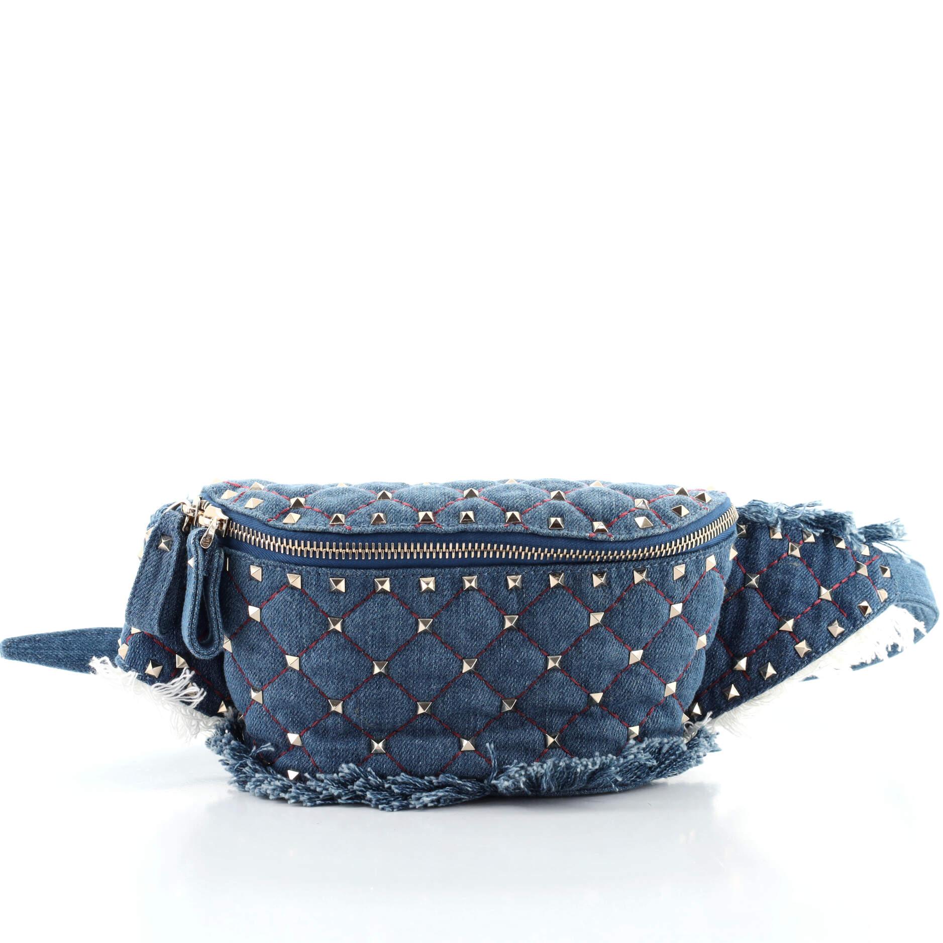 VALENTINO GARAVANI: Rockstud Spike bag in quilted denim - Blue