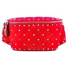 Authentic Valentino Garavani Rockstud Spike Belt Bag, Quilted Velvet-Red
