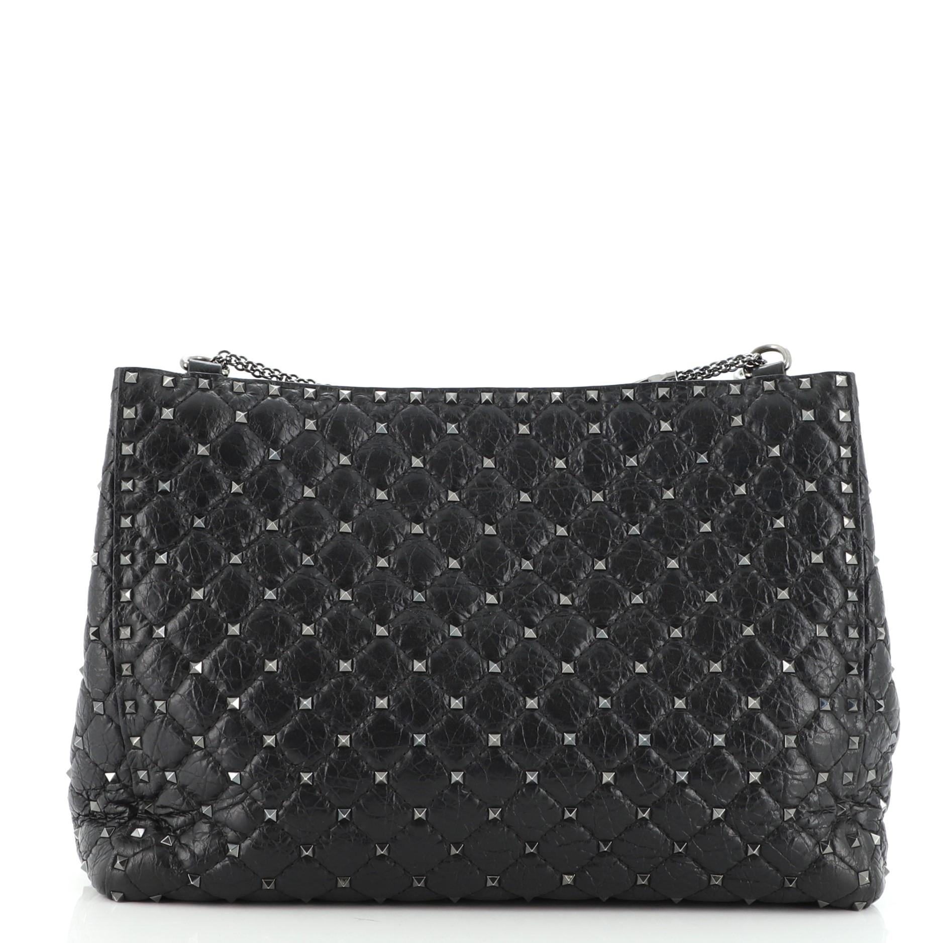 Black Valentino Rockstud Spike Chain Tote Quilted Leather Large
