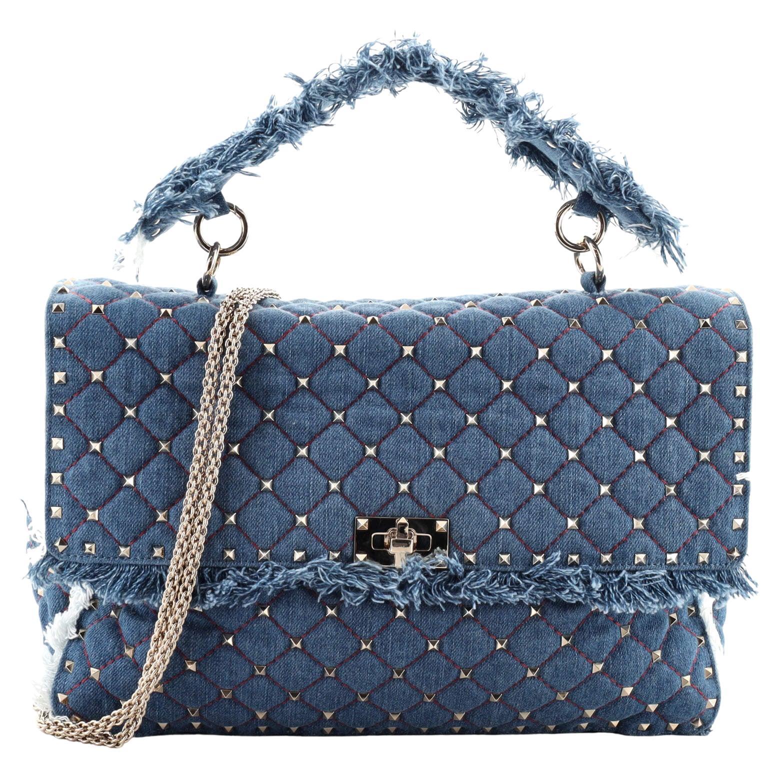 Valentino Rockstud Spike Flap Bag Quilted Denim Maxi