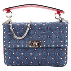 Valentino Rockstud Spike Flap Bag Quilted Denim Medium