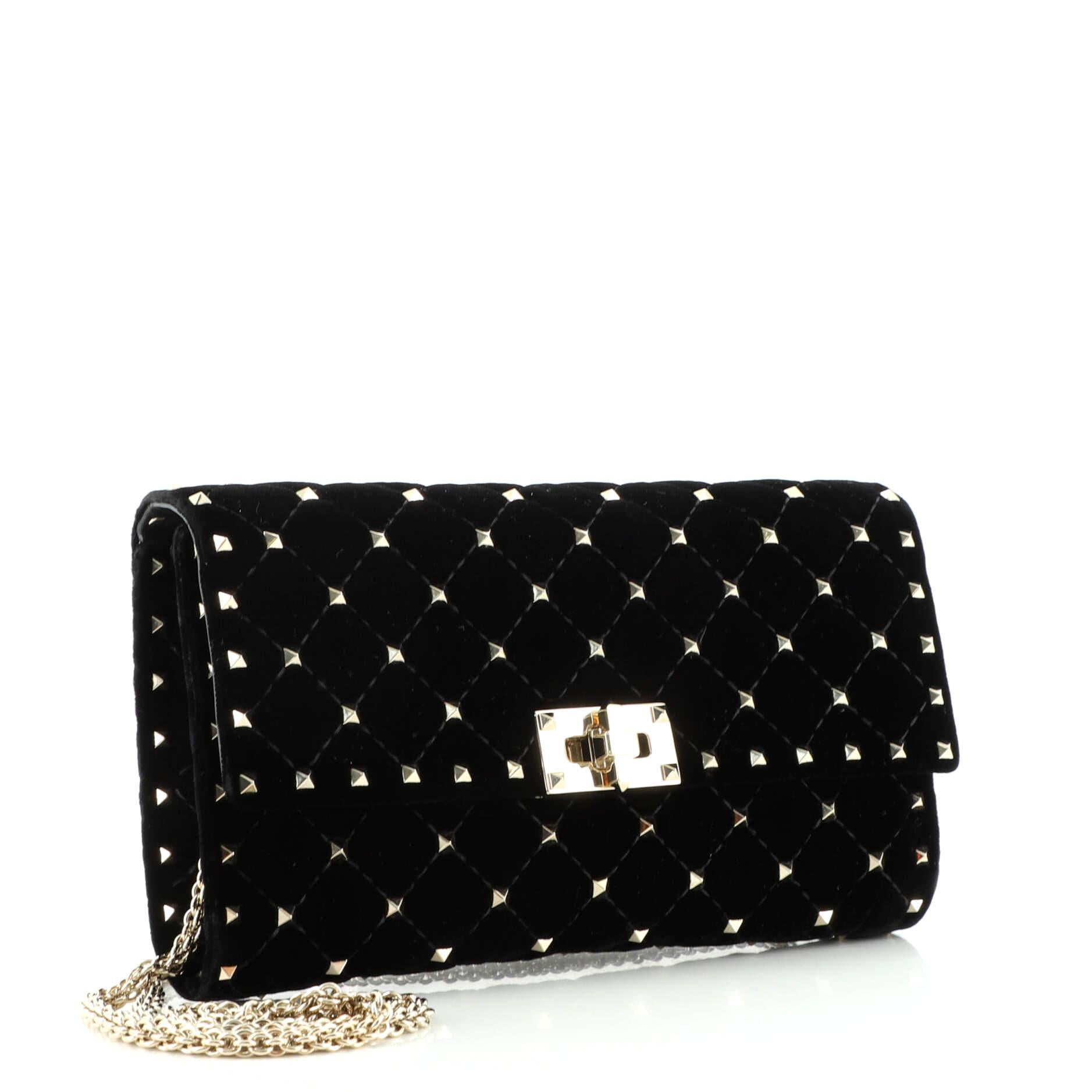 Black Valentino Rockstud Spike Wallet on Chain Quilted Velvet Small