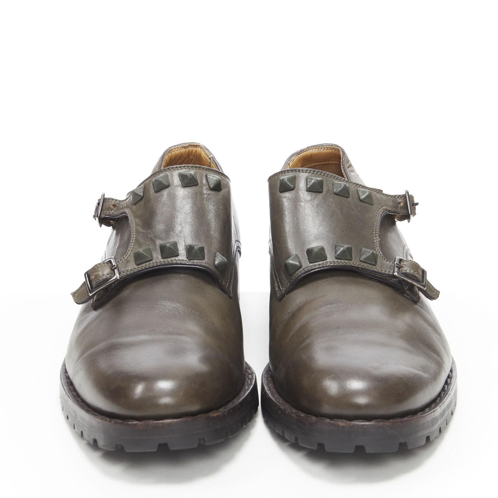 Gray VALENTINO Rockstud stud embellished strap dual buckle monk brogue loafer EU42 For Sale