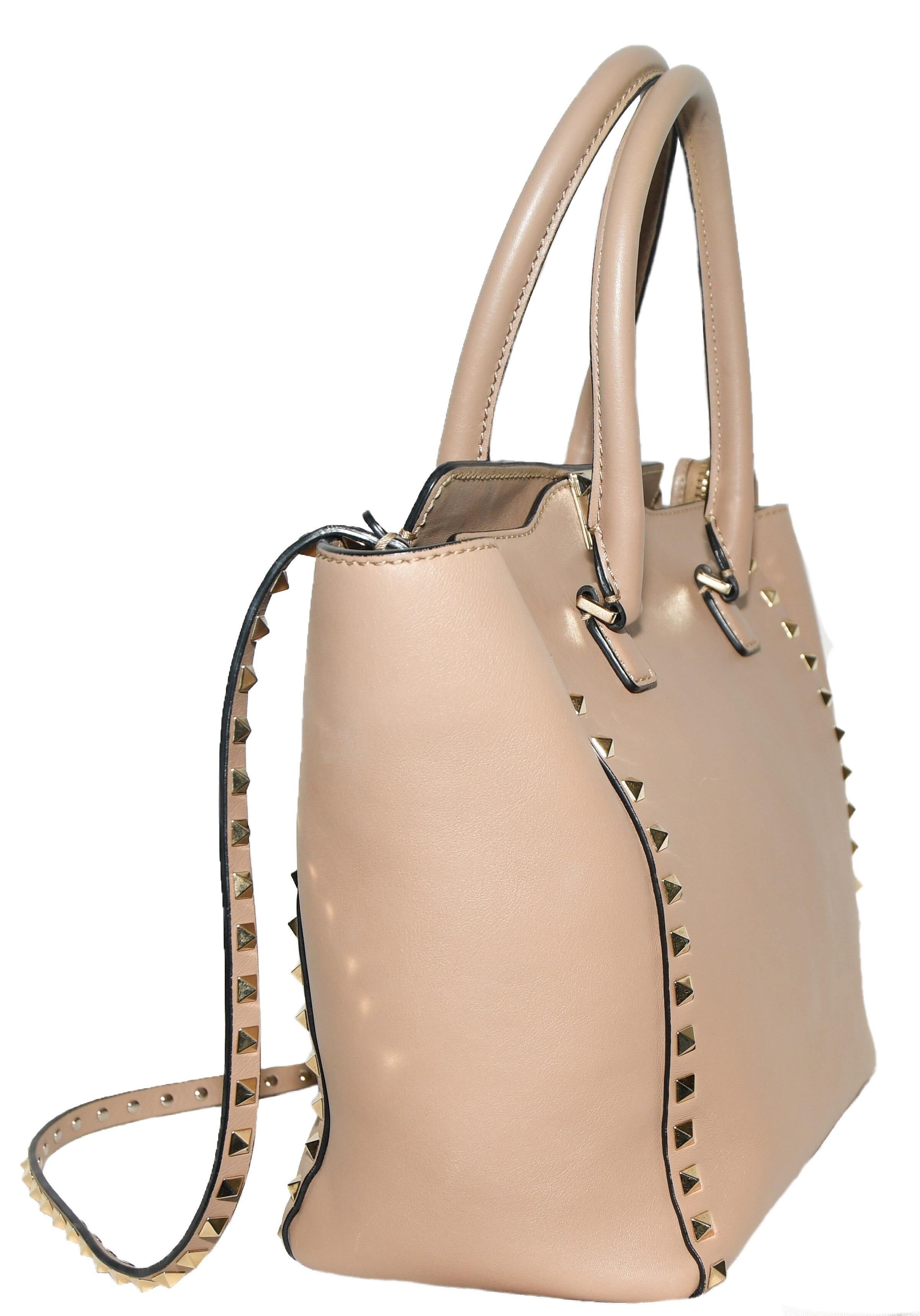 Beige Valentino Rockstud Top Handle Taupe Leather Tote Bag