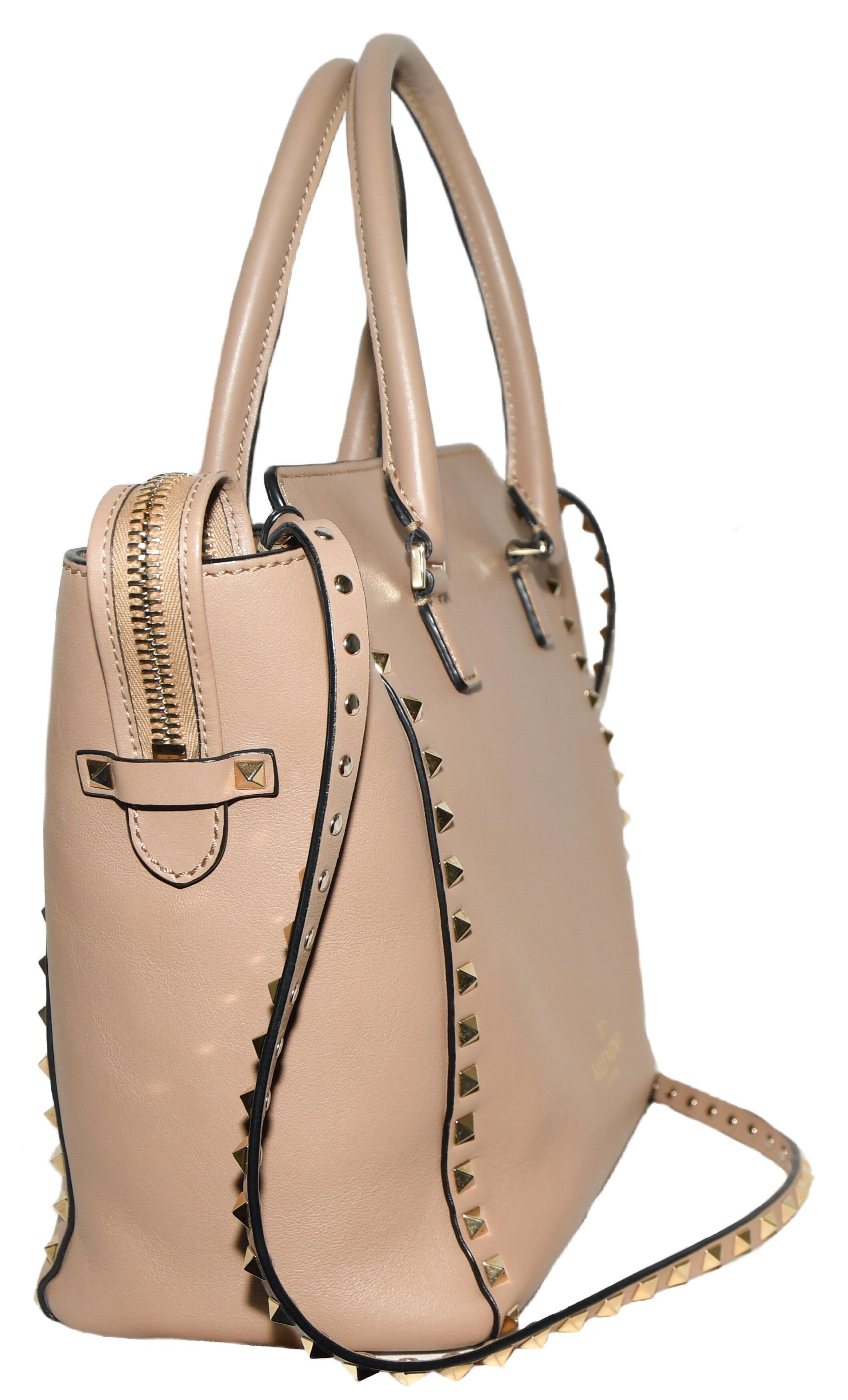 Valentino Rockstud Top Handle Taupe Leather Tote Bag In Excellent Condition In Palm Beach, FL