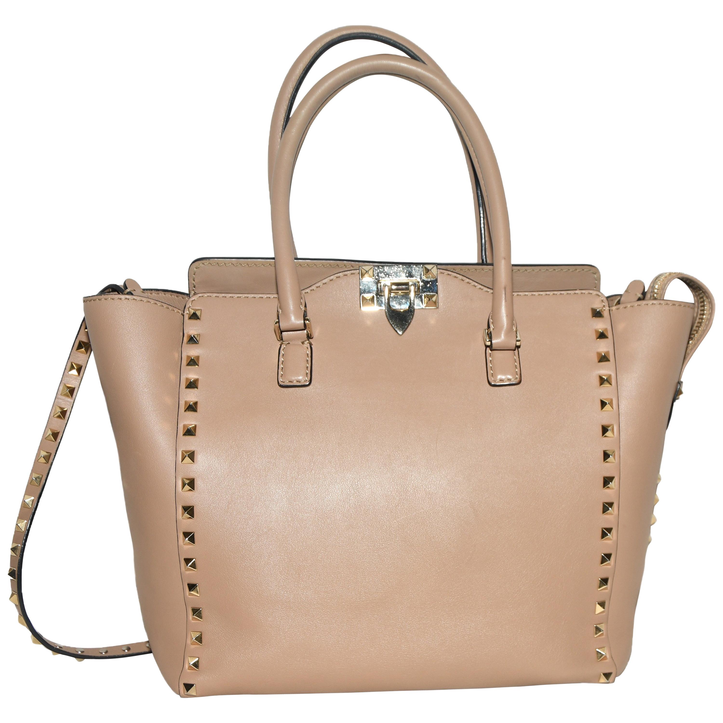 Valentino Rockstud Top Handle Taupe Leather Tote Bag