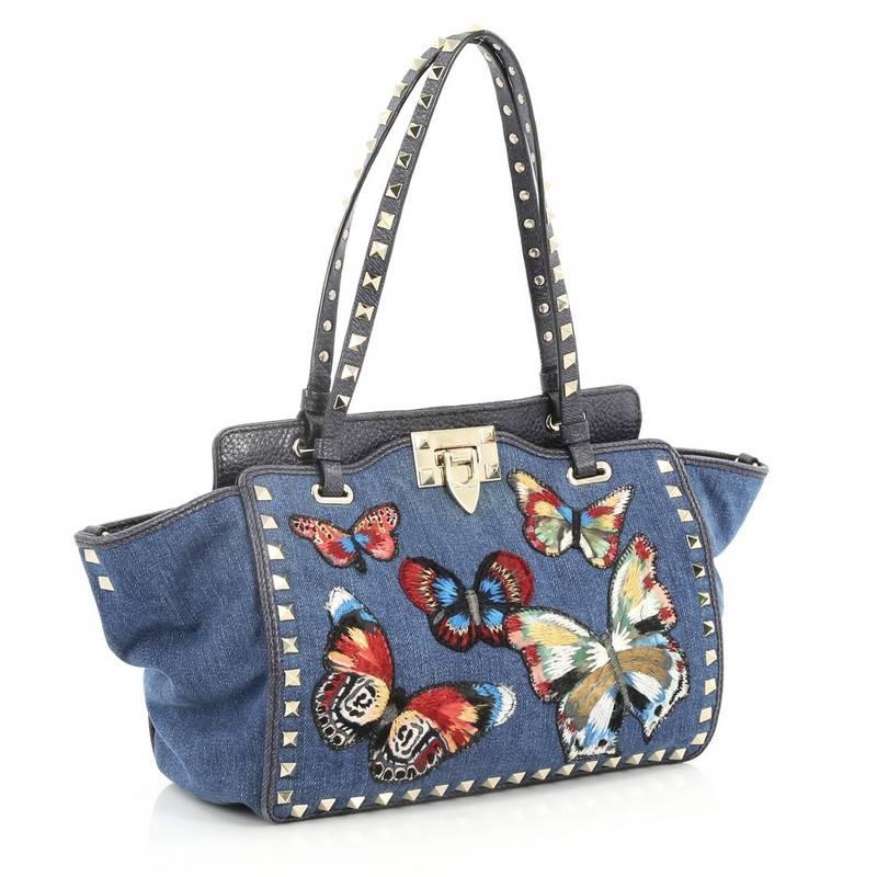 Gray Valentino Rockstud Tote Denim with Butterfly Applique Small