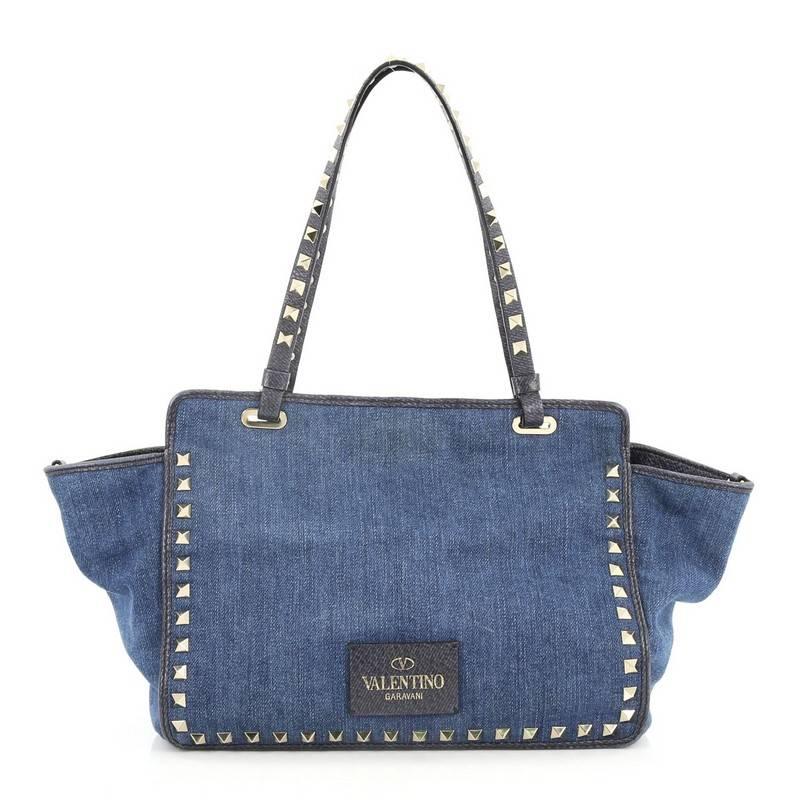 Valentino Rockstud Tote Denim with Butterfly Applique Small In Good Condition In NY, NY