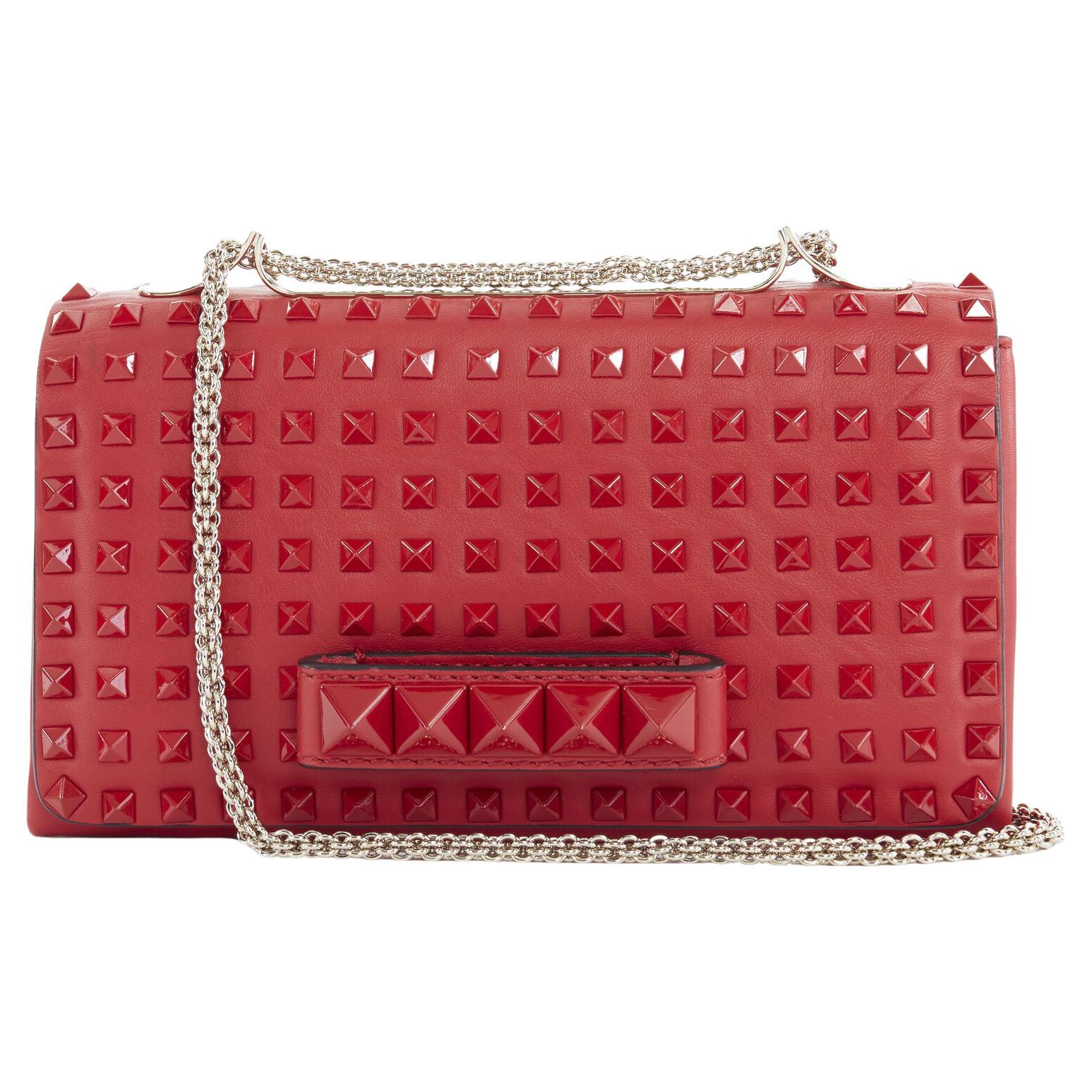 VALENTINO Rockstud Va Va Voom red leather tonal stud embellished flap clutch bag