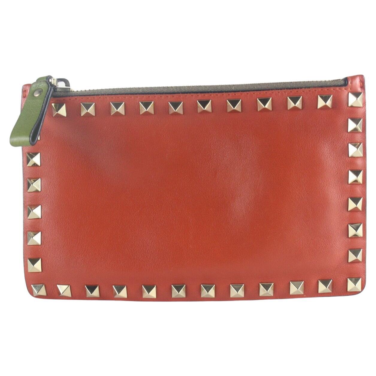 Valentino Rockstud Zip Pouch Red Leather 1VAL726K For Sale