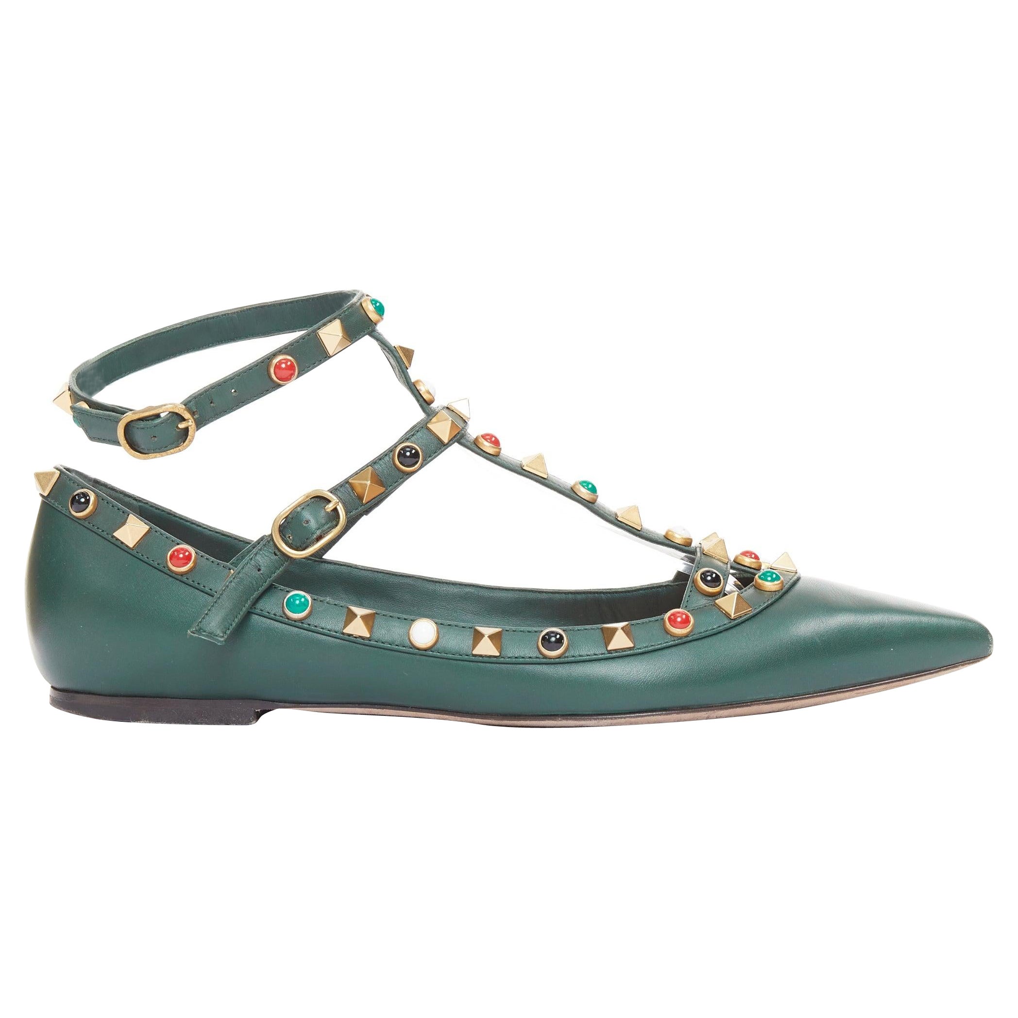 VALENTINO Rolling Rockstud grün multicolor gold stud caged ballerina flats EU38