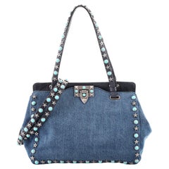 Valentino Rolling Rockstud Tote Denim with Cabochons Small