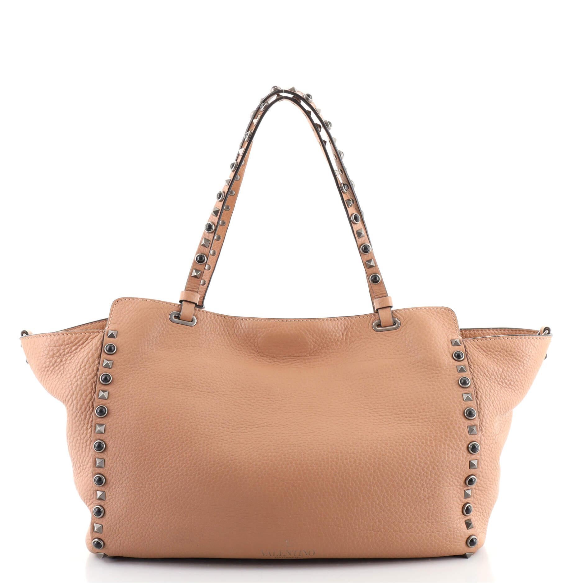 Valentino Rolling Rockstud Tragetasche aus Leder mit Cabochons Medium (Braun)