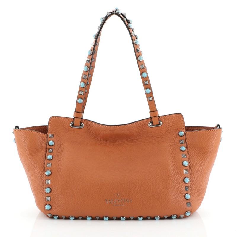 Brown Valentino Rolling Rockstud Tote Leather with Cabochons Small