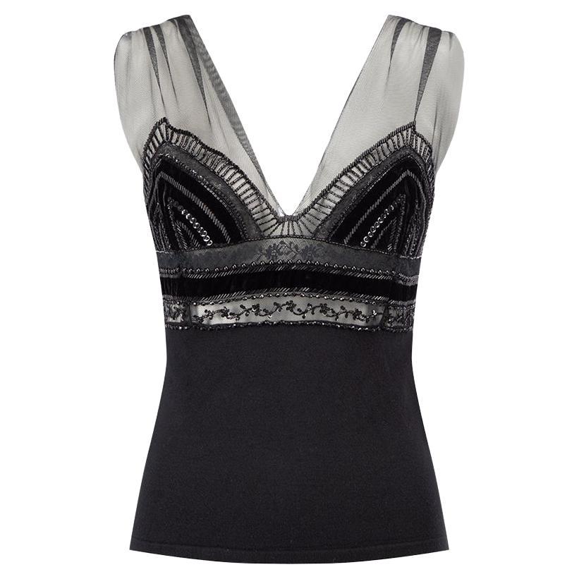 Top Valentino Roma Noir En Cachemire Et Laine Côtelé - Broderie Rose - Taille IT44 M - état Parfait
