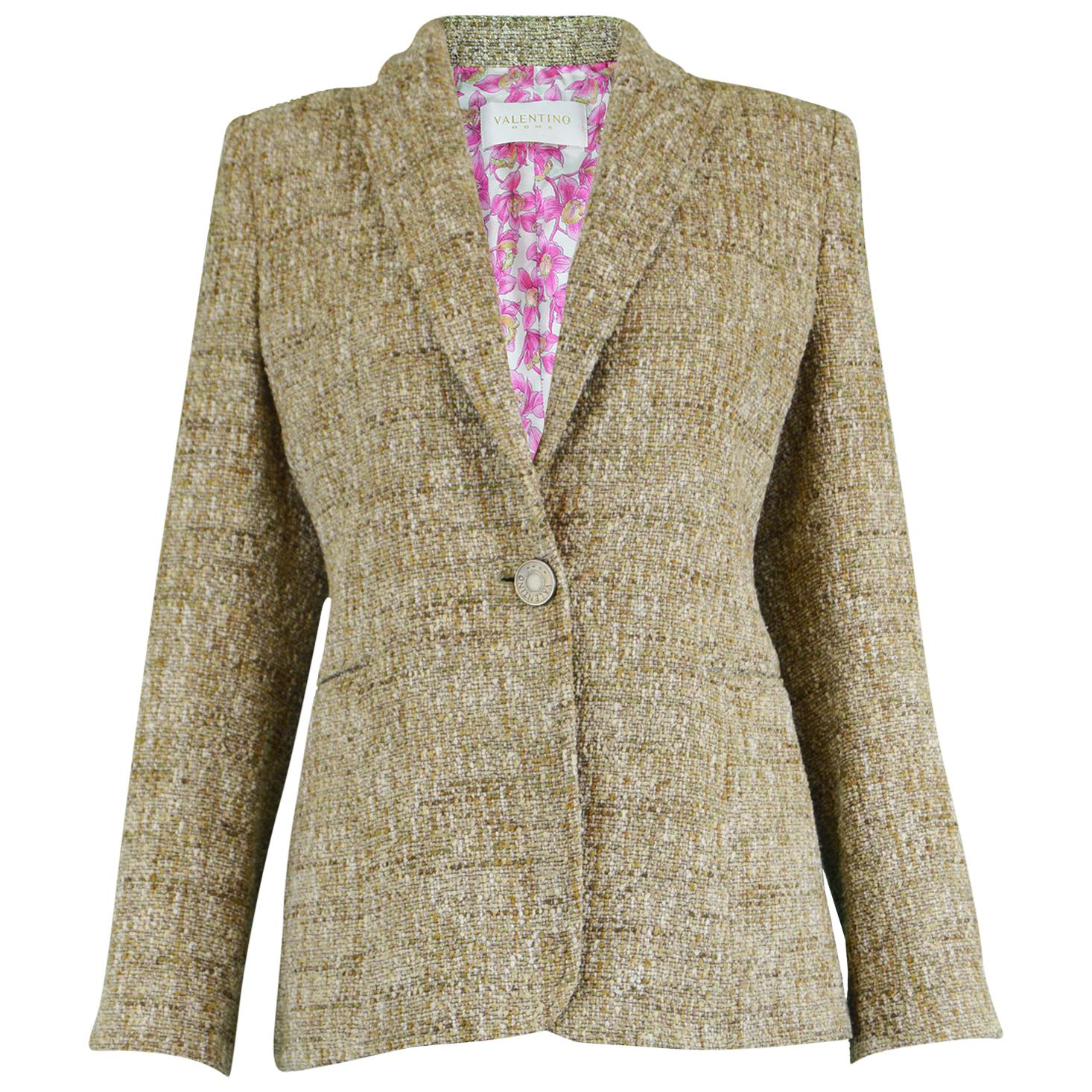 Valentino Roma Oatmeal Wool & Silk Bouclé Tweed Jacket with Floral Lining For Sale
