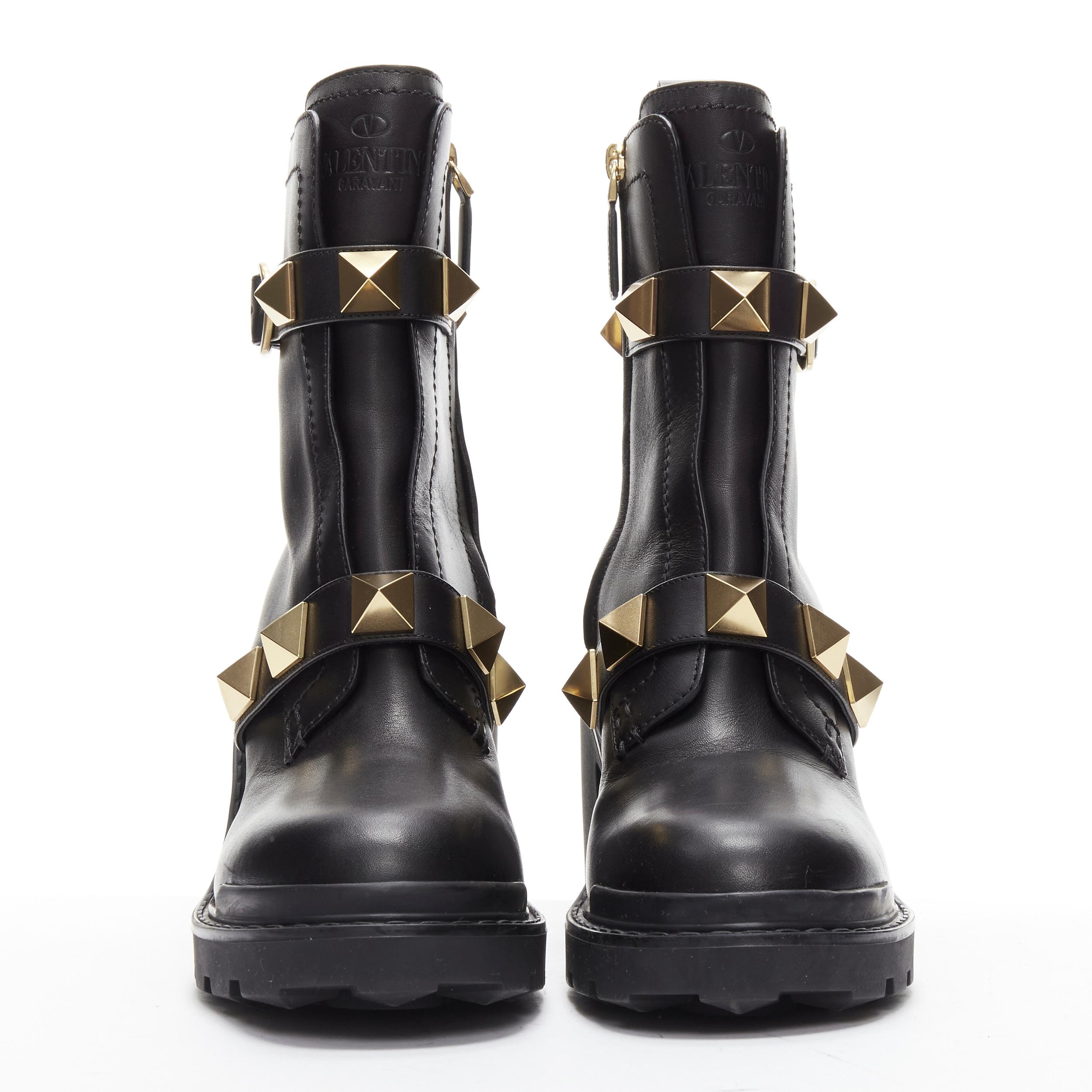 Women's VALENTINO Roman Stud gold tone black leather chunky lug sole platform boots EU38