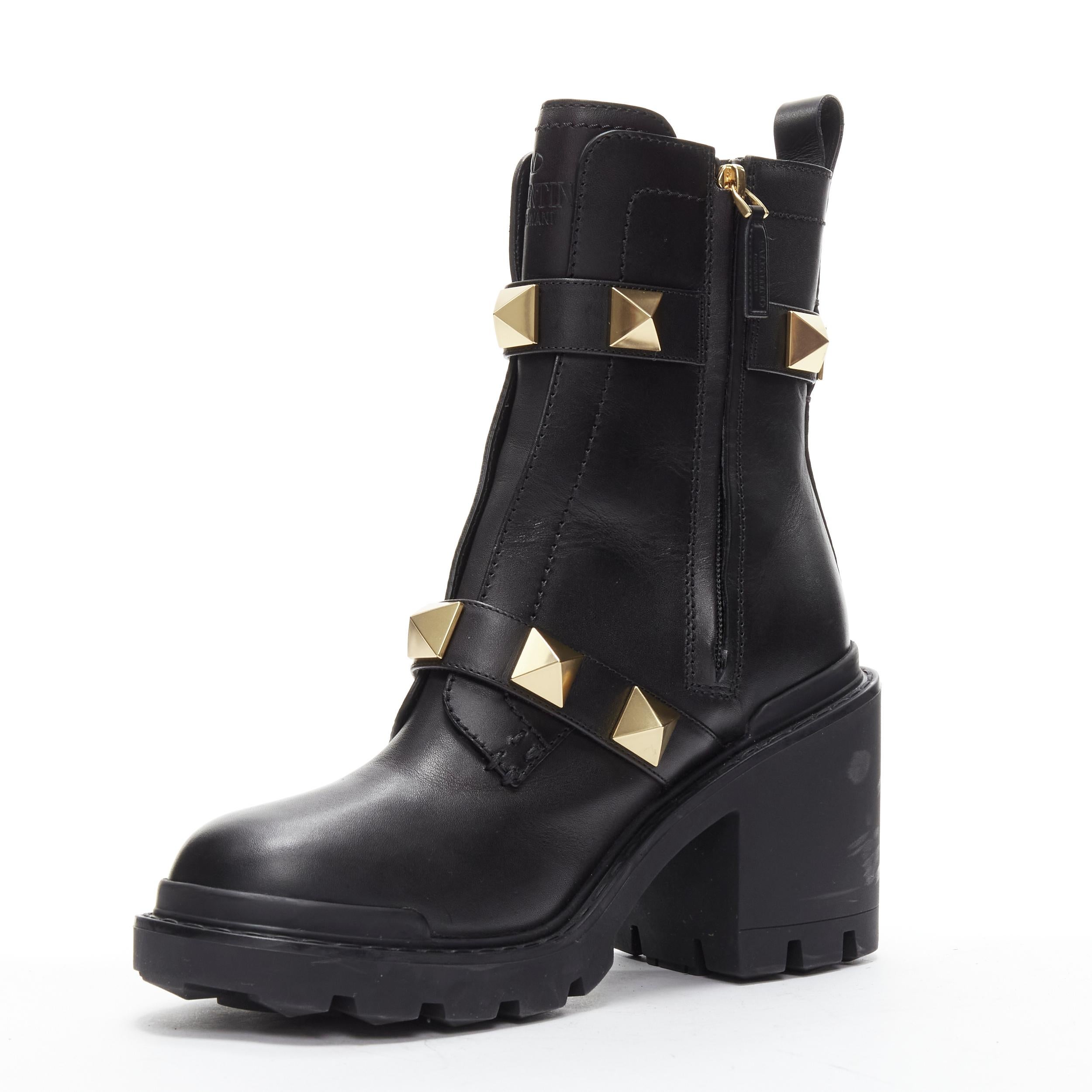 VALENTINO Roman Stud gold tone black leather chunky lug sole platform boots EU38 1