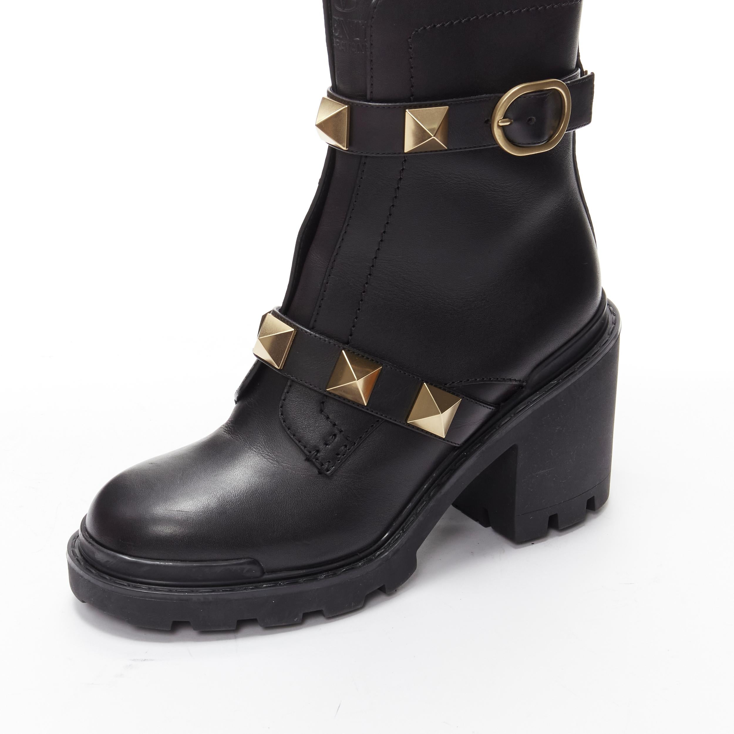 VALENTINO Roman Stud gold tone black leather chunky lug sole platform boots EU38 4