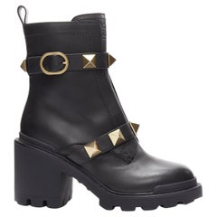 VALENTINO Roman Stud gold tone black leather chunky lug sole platform boots EU38