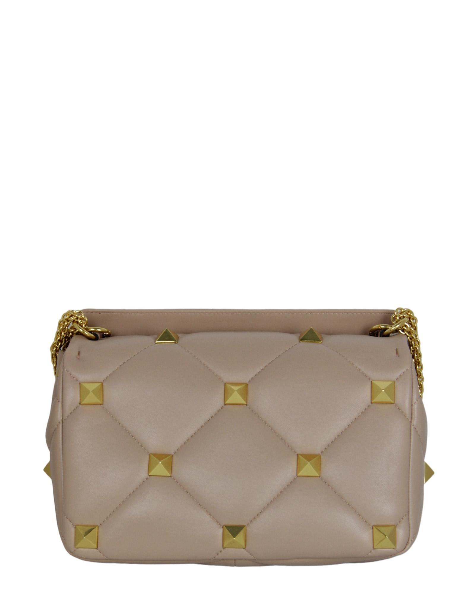 Valentino Rose Cannelle Beige Large Roman Studded Flap Bag rt $3650 In New Condition In New York, NY