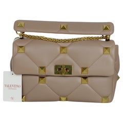 Valentino Rose Cannelle Beige Large Roman Studded Flap Bag rt $3650