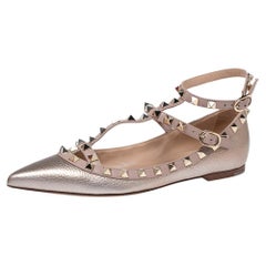 Valentino Rose Gold Leather Rockstud Ankle-Strap Ballet Flats Size 36