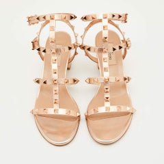 Valentino Rose Gold Leather Rockstud Ankle Strap Sandals Size 38