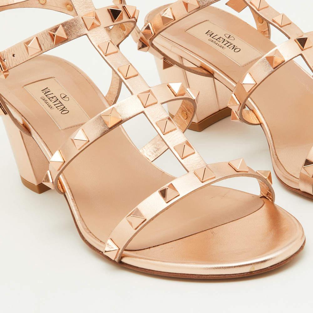 Women's Valentino Rose Gold Leather Rockstud Ankle Strap Sandals Size 38