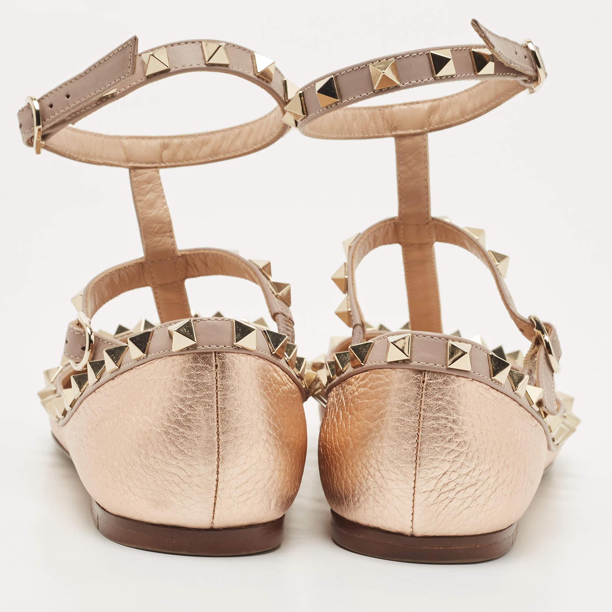 Beige Valentino Rose Gold/Pink Leather Rockstud Ankle Strap Ballet Flats Size 37