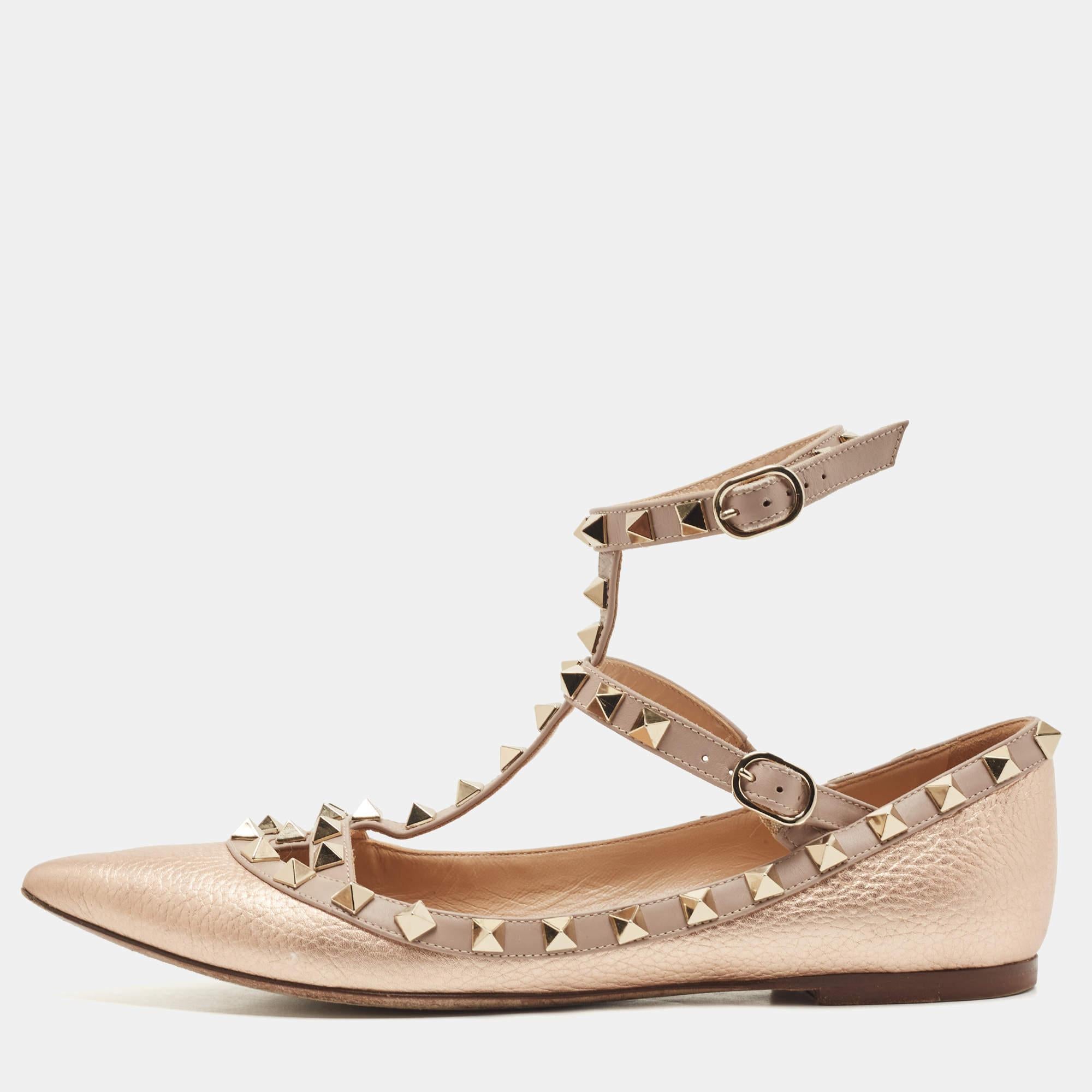 Valentino Rose Gold/Pink Leather Rockstud Ankle Strap Ballet Flats Size 37 In Good Condition In Dubai, Al Qouz 2