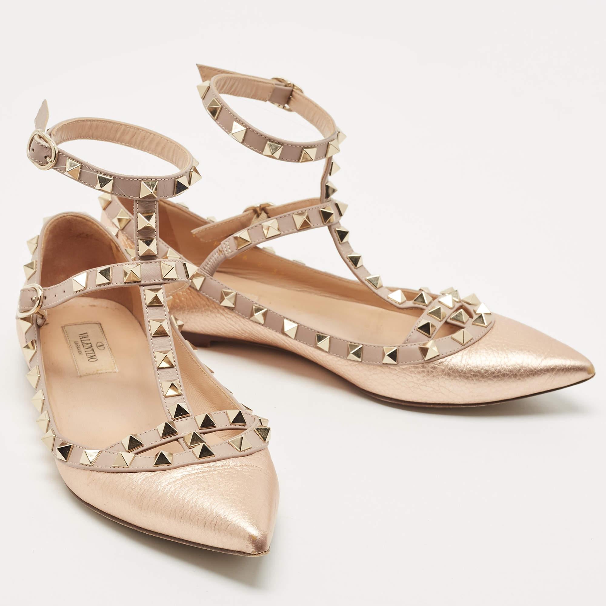 Women's Valentino Rose Gold/Pink Leather Rockstud Ankle Strap Ballet Flats Size 37