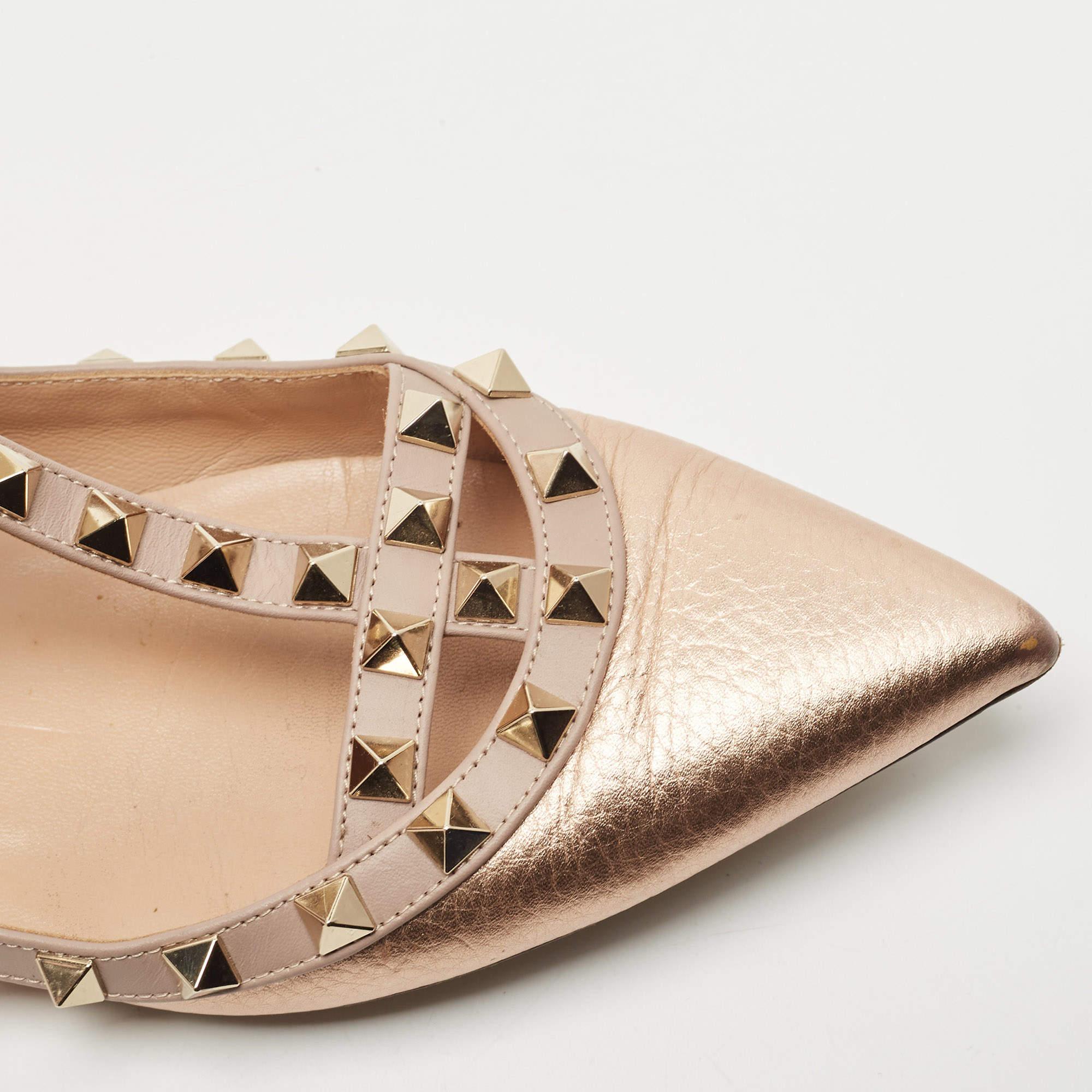 Valentino Rose Gold/Pink Leather Rockstud Ankle Strap Ballet Flats Size 37 1