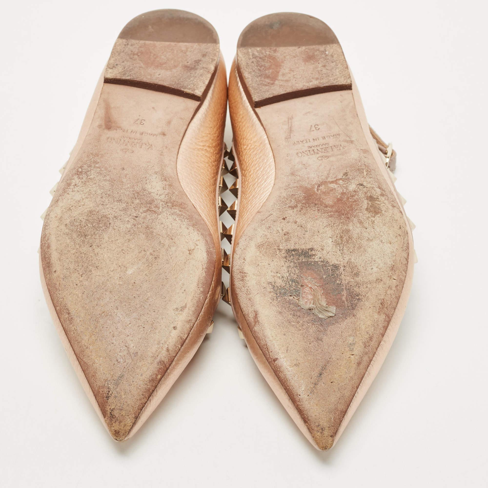 Valentino Rose Gold/Pink Leather Rockstud Ankle Strap Ballet Flats Size 37 3