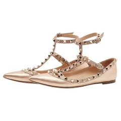 Valentino Rose Gold/Pink Leather Rockstud Ankle Strap Ballet Flats Size 37