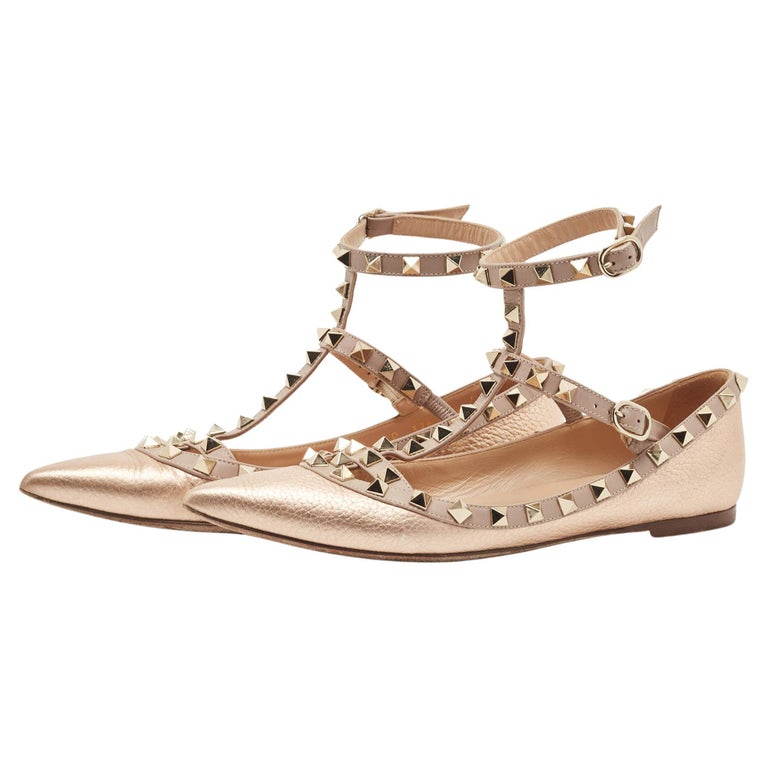 handicap Snestorm Dom Valentino Rose Gold/Pink Leather Rockstud Ankle Strap Ballet Flats Size 37  For Sale at 1stDibs